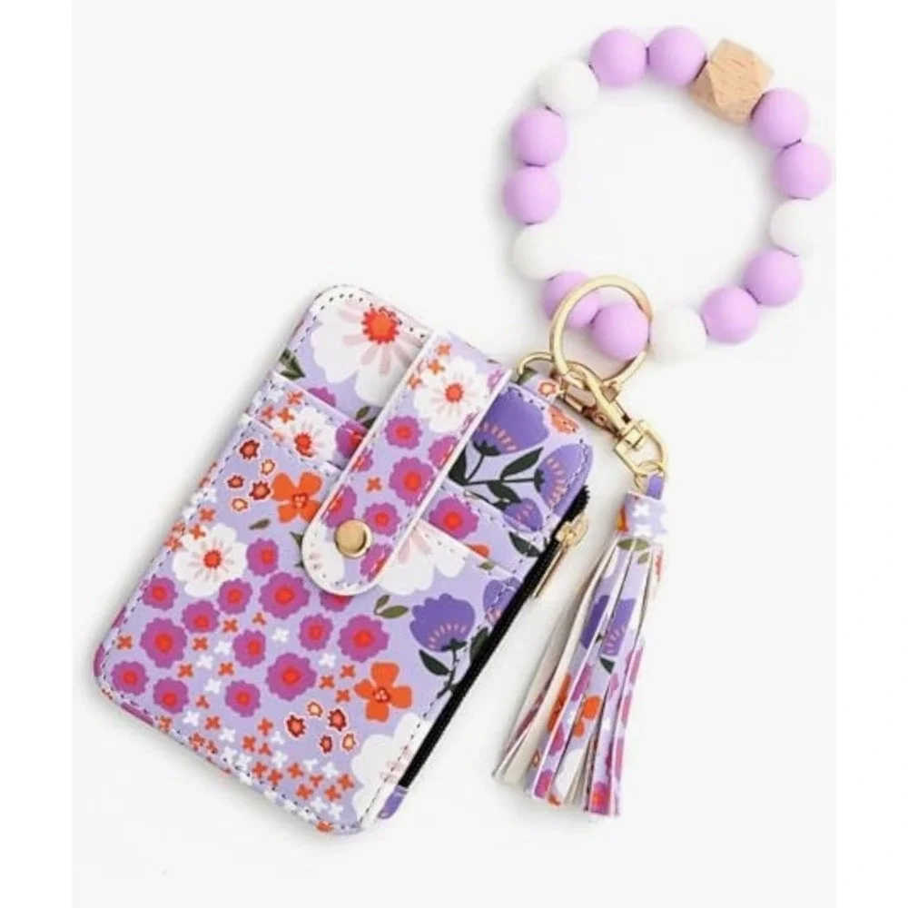 Floral Card Holder Wallet Silicone Bead Keychain Bracelet Tassel Purple Womens
